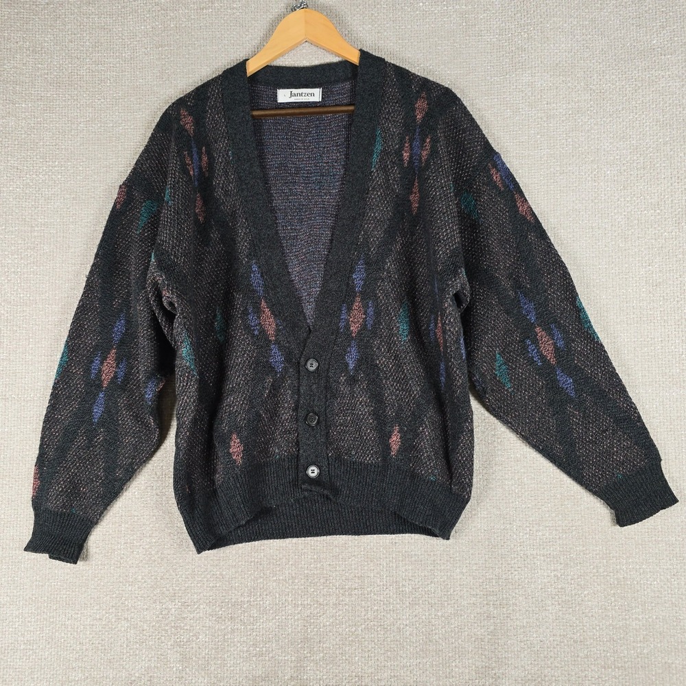 Vintage Jantzen Mens Gray Geometric Diamond Knit Button Front Cardigan Sweater L